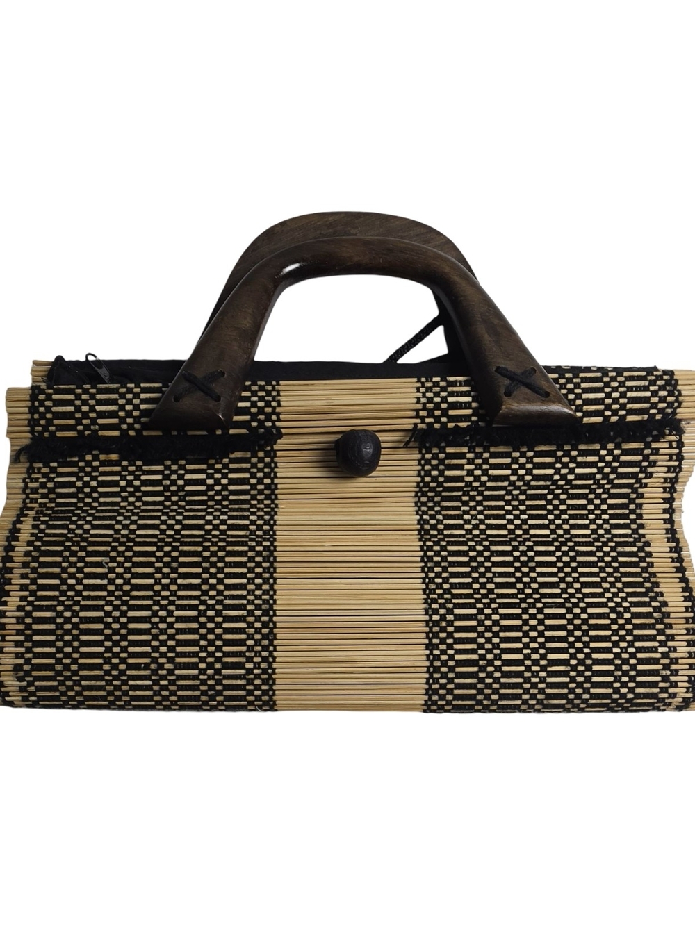 Handwoven Natural and Black Bamboo Top-Handle Bag Boho Coastal Japanese
